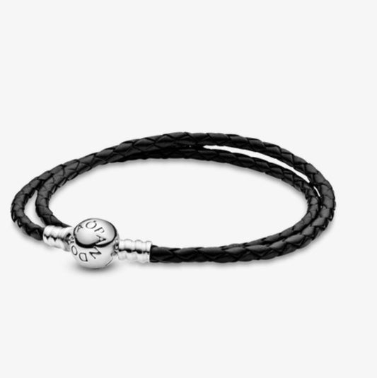 Brazalete doble de cuero negro Pandora Moments