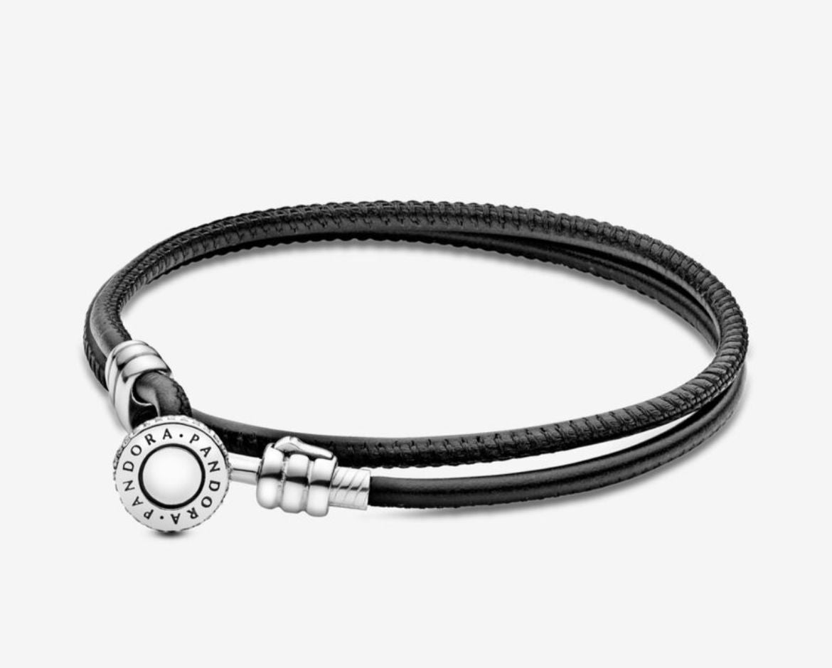 Brazalete de cuero liso negro doble vuelta