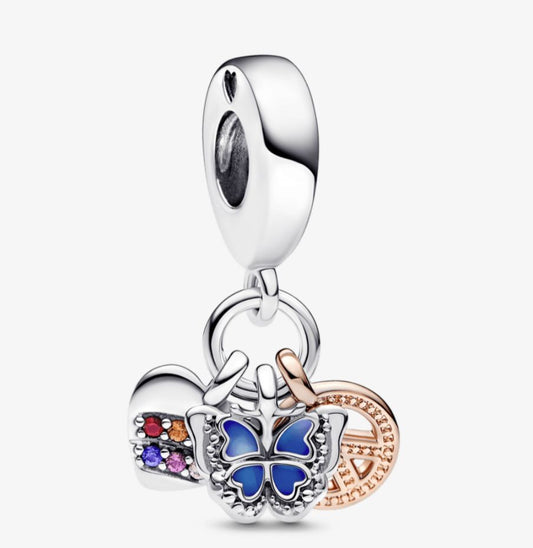 charm colgante triple corazon arcoíris, mariposa y paz de dos tonos