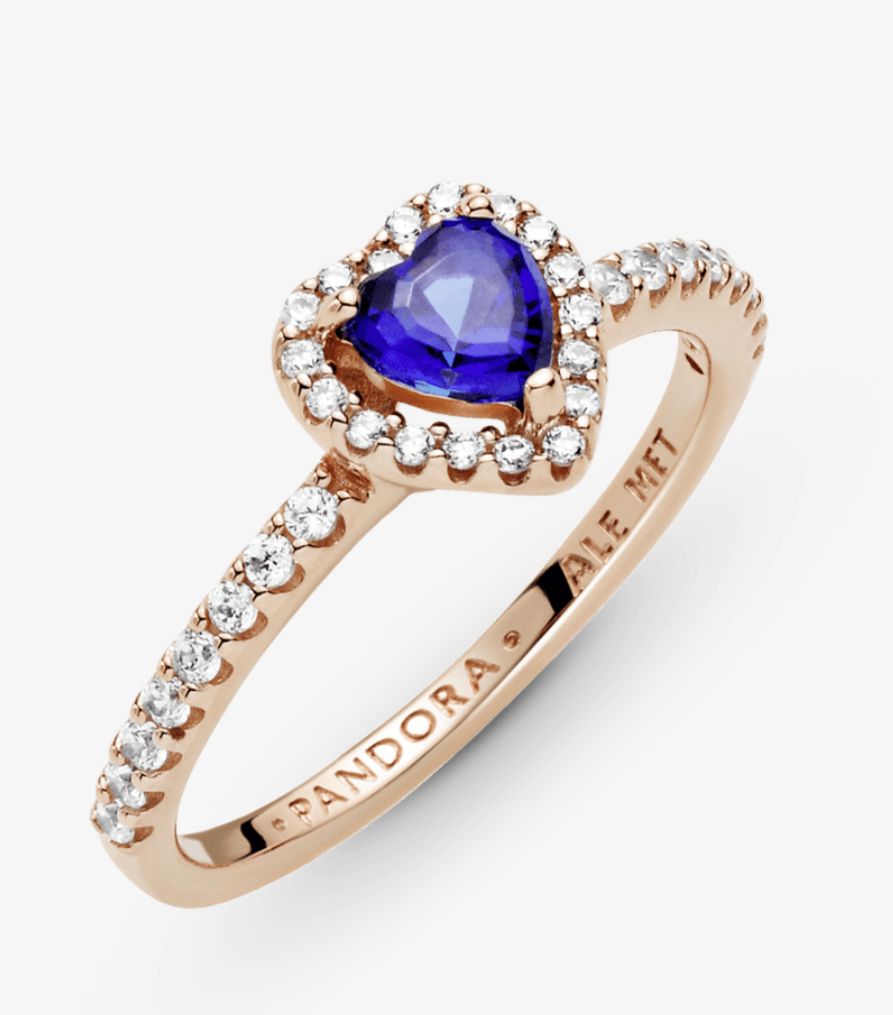 Anillo de corazón elevado azul brillante recubrimiento rose gold