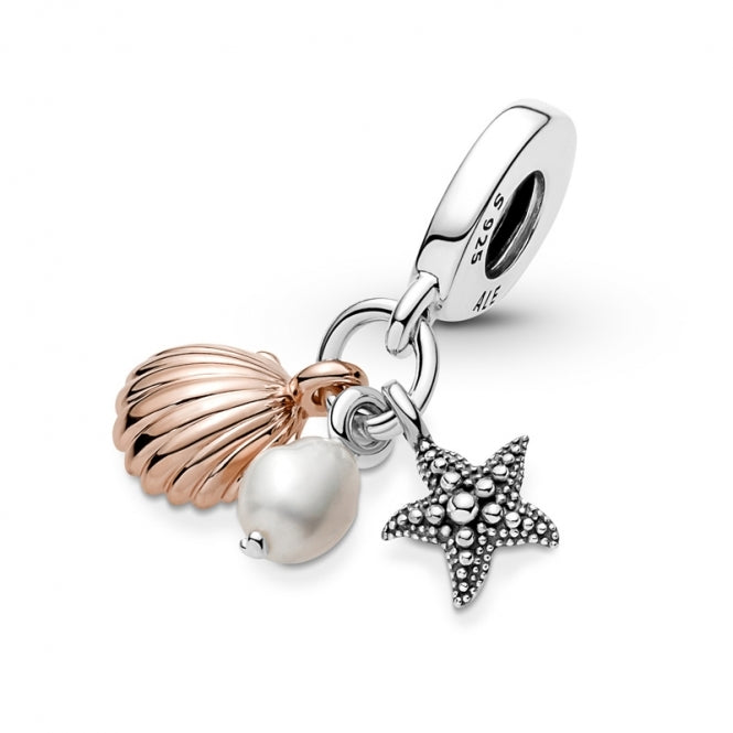 Charm Colgante triple de estrella de mar, perla y concha de agua dulce